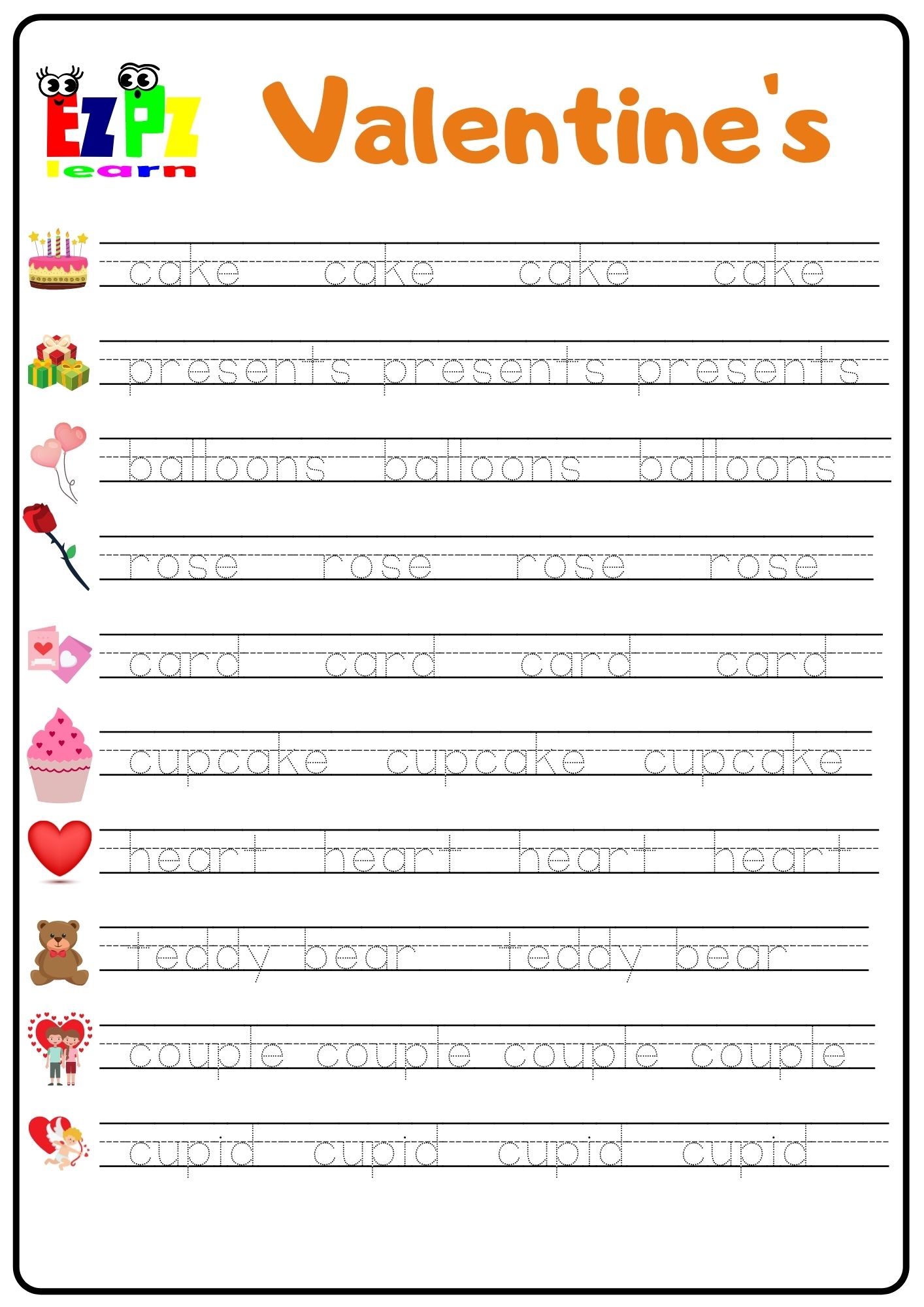 Valentine S Word Tracing Worksheet Ezpzlearn